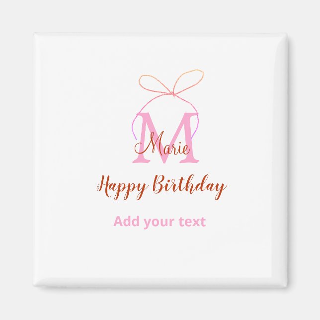 Imã Pink glitter bow add name letter monogram birthday (Frente)