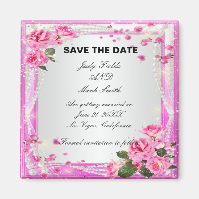 Imã Pink Roses And Pearls Save The Date Magnet (Frente)