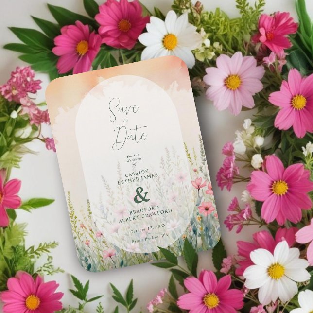 Ímã Pink Shades Delicate Romantic Wildflowers Field (Pink Delicate Romantic Wildflowers Field Wedding Save the Dates Magnets.)