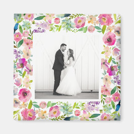 Imã Pink Watercolor Floral Border Wedding Photo