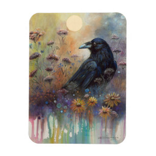 Ímã Pintado à Mão Raven com Flores Selvagens