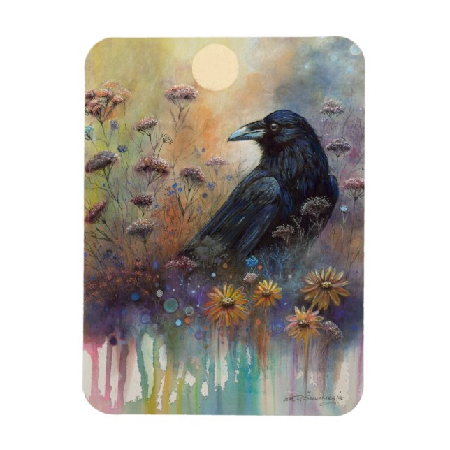 Ímã Pintado à Mão Raven com Flores Selvagens (Vertical)