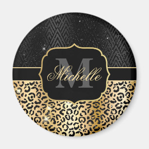 Imã Pintas de leopardo preto e dourado brilhante e Art