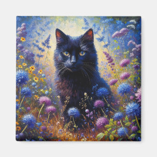 Imã Pintura a óleo de gata e flores silvestres púrpura