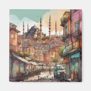 Imã Pintura Colorida da Cidade de Istambul aquarela