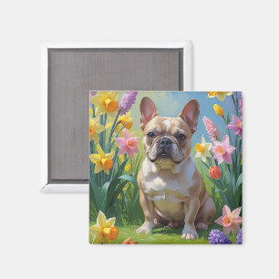 Imã Pintura das Flores da primavera do Bulldog Francês