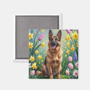 Imã Pintura das flores da primavera do german shepherd