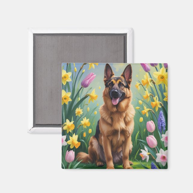 Imã Pintura das flores da primavera do german shepherd (Front/Back)