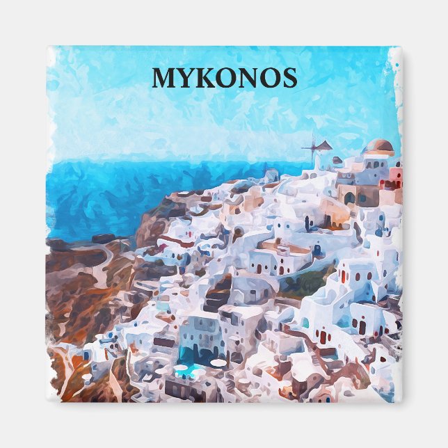 Imã Pintura de Aquarela de Grécia Mykonos (Frente)