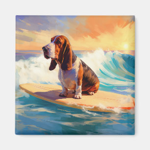 Imã Pintura de Basset Hound Surfando na Praia