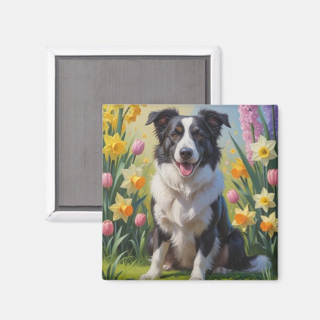 Imã Pintura de Cachorro Border Collie com Flores de Pr (Front/Back)