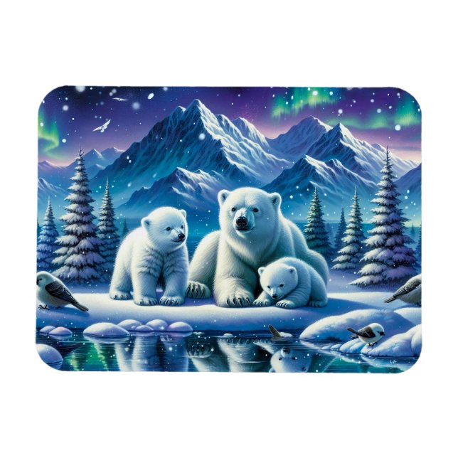Ímã Pintura de Cena Neve da Família Polar Bear (Horizontal)