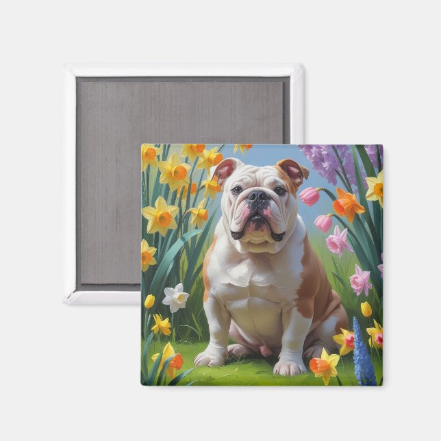 Imã Pintura de Flores da Primavera Bulldog (Front/Back)