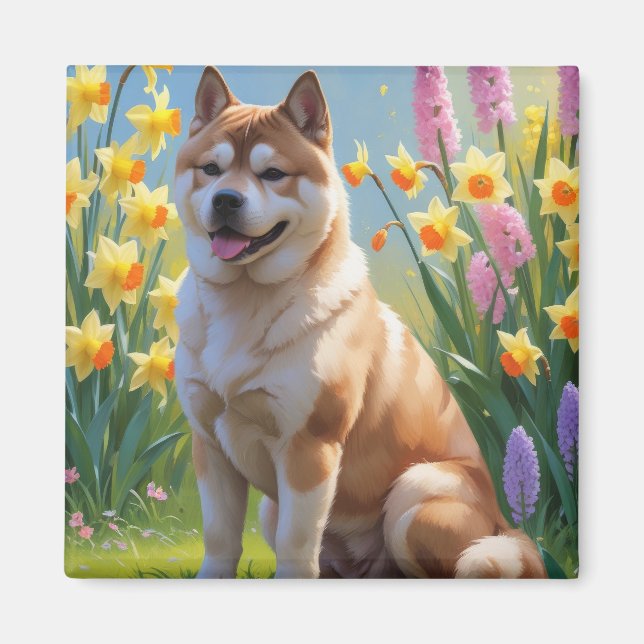 Imã Pintura de Flores da Primavera do Cão Akita (Frente)
