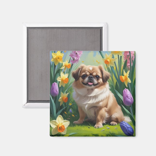 Imã Pintura de Flores da Primavera do Cão Pequinês (Front/Back)