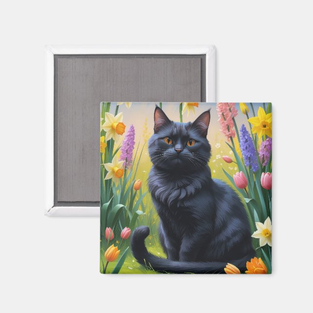 Imã Pintura de Flores da Primavera do Gato Preto (Front/Back)