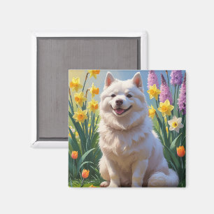 Imã Pintura de Flores de Cachorro Eskimo Americano