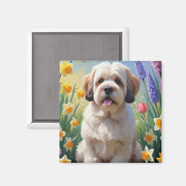 Imã Pintura de Flores de Cachorro Lhasa Apso (Front/Back)