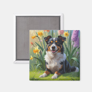 Imã Pintura de Flores de Cão Kelpie Australiano