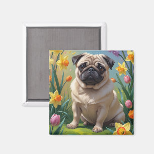 Imã Pintura de Flores de Primavera com Cachorro Pug
