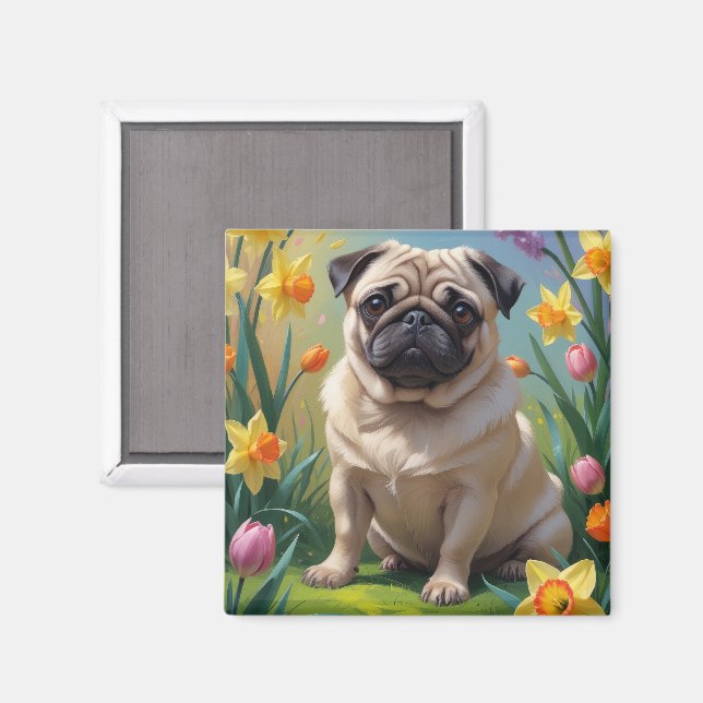 Imã Pintura de Flores de Primavera com Cachorro Pug (Front/Back)
