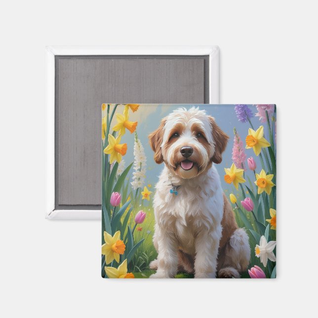 Imã Pintura de Flores de Primavera de Bernedoodle  (Front/Back)