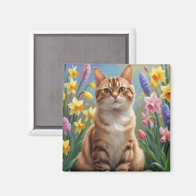 Imã Pintura de Flores de Primavera de Gato Bengal (Front/Back)