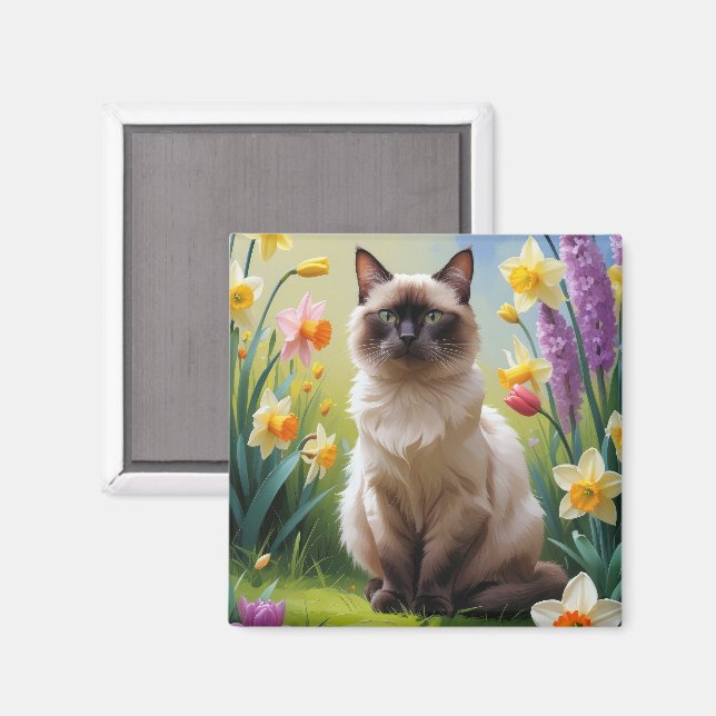 Imã Pintura de Flores de Primavera de Gato Siames (Front/Back)
