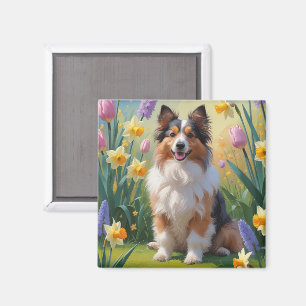 Imã Pintura de Flores de Primavera de Shetland Sheepdo