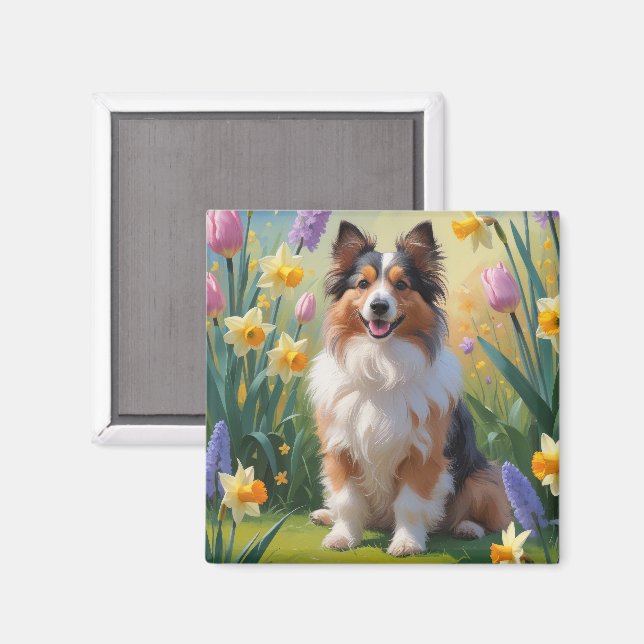Imã Pintura de Flores de Primavera de Shetland Sheepdo (Front/Back)