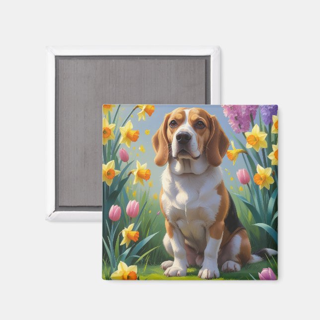 Imã Pintura de Flores de Primavera do Cão Beagle  (Front/Back)
