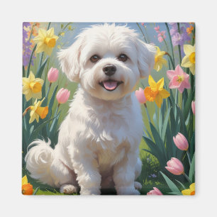Imã Pintura de Flores de Primavera do Cão Bichon Frise