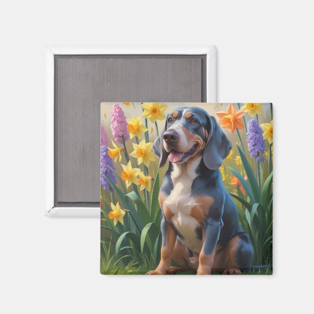 Imã Pintura de Flores de Primavera do Cão Bluetick Coo (Front/Back)