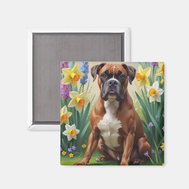 Imã Pintura de Flores de Primavera do Cão Boxer (Front/Back)