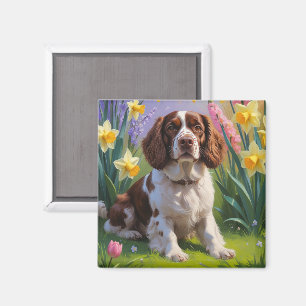 Imã Pintura de flores de primavera do cão Brittany Spa
