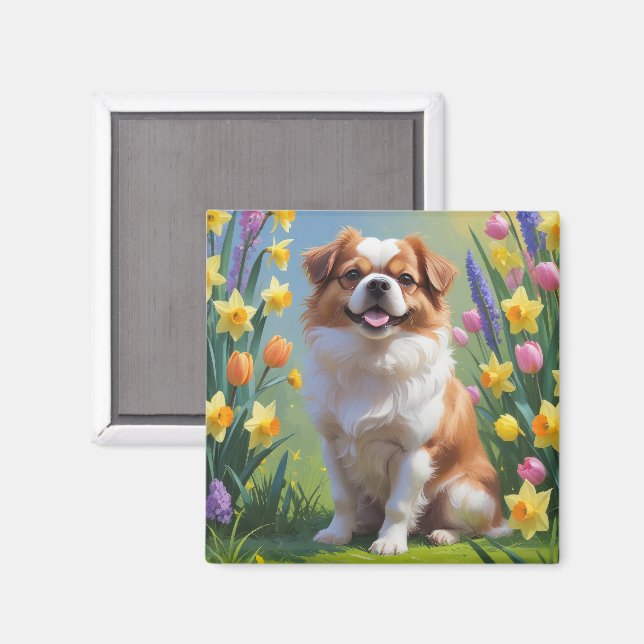 Imã Pintura de Flores de Primavera do Cão Chinês Japon (Front/Back)