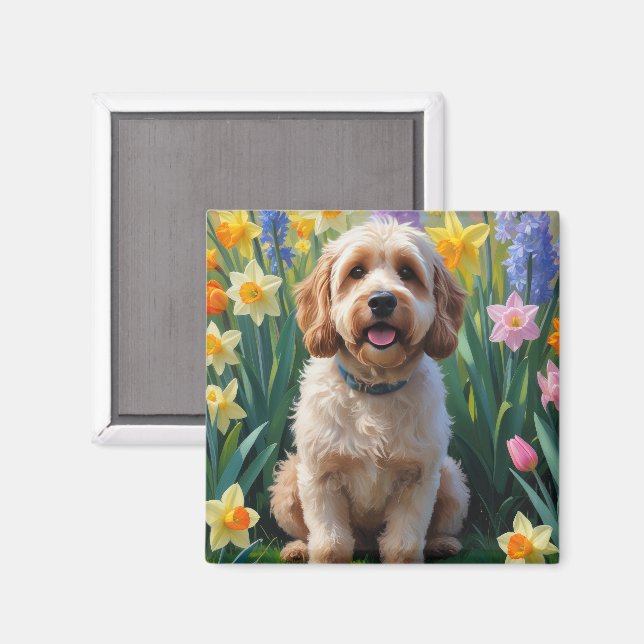 Imã Pintura de Flores de Primavera do Cão Cockapoo (Front/Back)