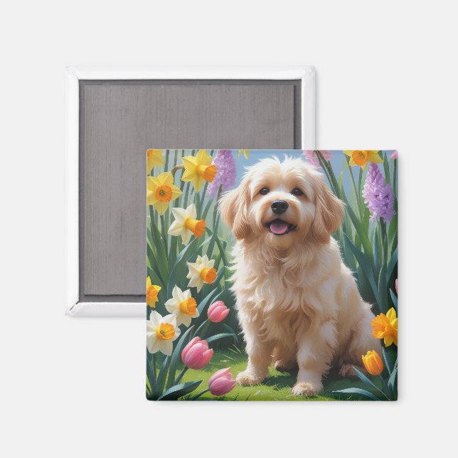 Imã Pintura de Flores de Primavera do Cão Coton De Tul (Front/Back)