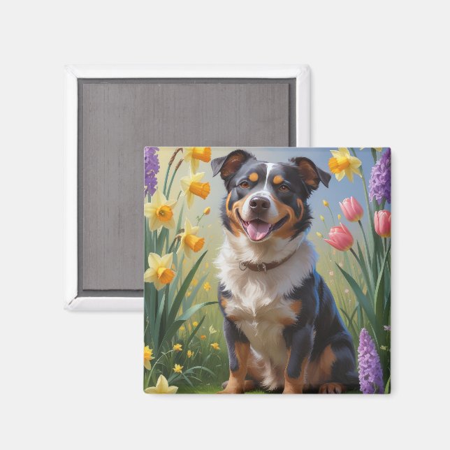 Imã Pintura de Flores de Primavera do Cão de Gado Aust (Front/Back)