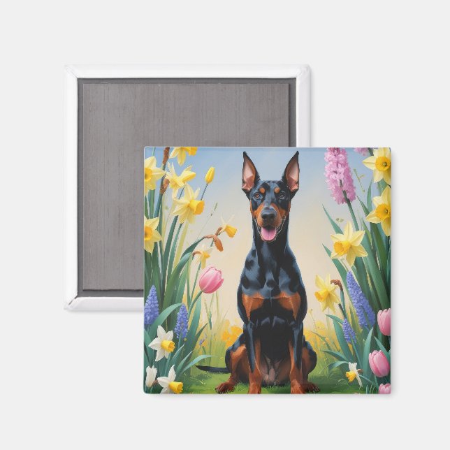Imã Pintura de Flores de Primavera do Cão Doberman (Front/Back)