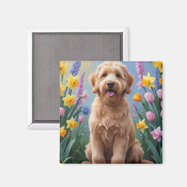 Imã Pintura de Flores de Primavera do Cão Goldendoodle (Front/Back)