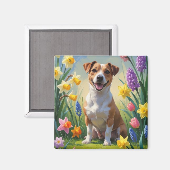 Imã Pintura de Flores de Primavera do Cão Jack Russell (Front/Back)