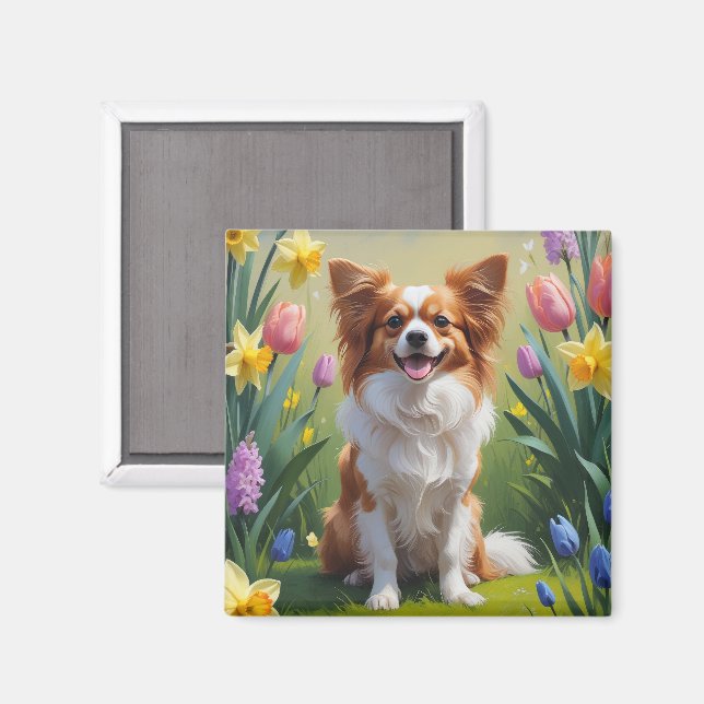 Imã Pintura de Flores de Primavera do Cão Papillon (Front/Back)