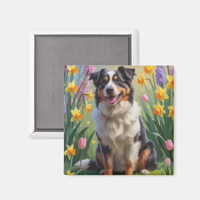 Imã Pintura de Flores de Primavera do Cão Pastor Austr (Front/Back)
