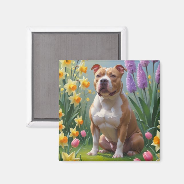 Imã Pintura de Flores de Primavera do Cão Pitbull (Front/Back)