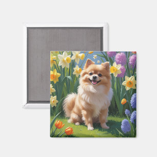 Imã Pintura de Flores de Primavera do Cão Pomerânia