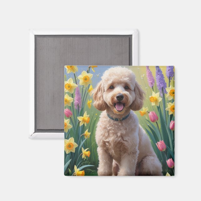 Imã Pintura de Flores de Primavera do Cão Poodle (Front/Back)