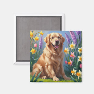Imã Pintura de Flores de Primavera do Cão Retriever Do