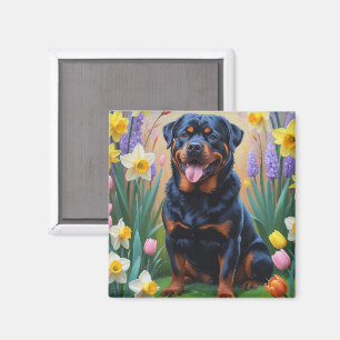 Imã Pintura de Flores de Primavera do Cão Rottweiler