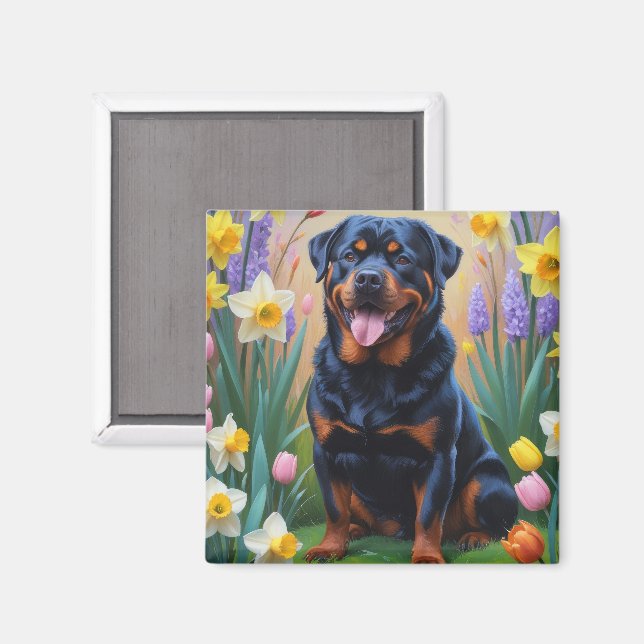 Imã Pintura de Flores de Primavera do Cão Rottweiler (Front/Back)